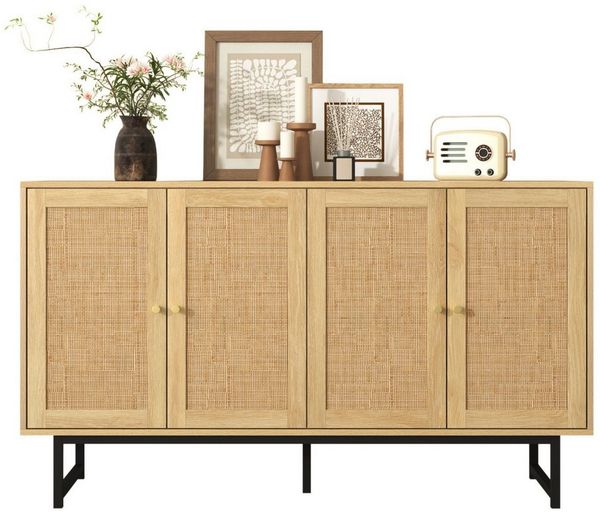 SeedWave Sideboard Vielseitige Kommode, 4 Schiebetüren mit Rattan Draußen Geschmückt, Echte Rattan, Verstellbare Einlegeböden, Stabile Metallbeine