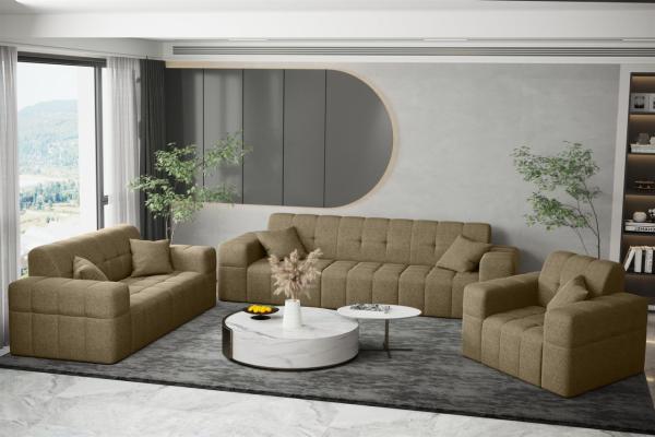 Sofaset Designersofa NANCY 3-2-1 in Stoff Neve Hellbraun