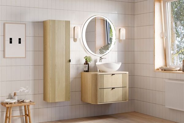 Badmöbel Set 4-tlg Badezimmerset WENDO Cremona Eiche Spiegel 80cm inkl. Waschtisch