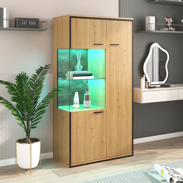 Vitrine Schrank Mit LED-Beleuchtung (15 Farben) & 3 Verstellbaren Regalen Glastür 150 cm Höhe