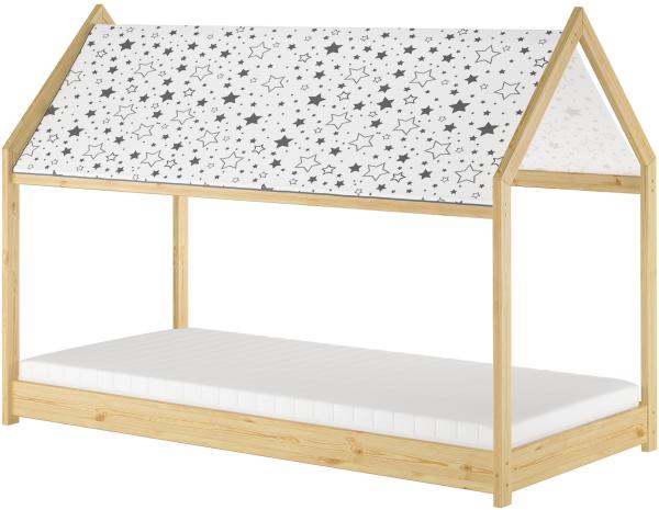 Hausbett mit Dach 90x200 Kiefer massiv Kinderbett niedrig, Rollrost und Matratze inkl.