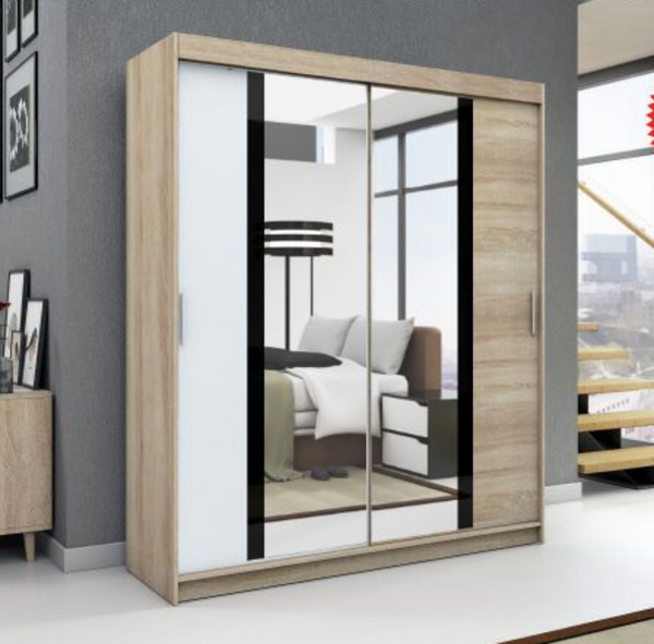 Schwebetürenschrank BRANI 2-türig Schrank 160 cm (mit Spiegel) Farbe: Sonoma , weiß