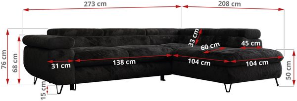 Ecksofa mit Bettfunktion, Modern Sofa, L-form, Einstellbare Kopfstützen, Bettkasten - PETER - Dunkelgrau Plüsch - Topper T25 - rechts Bild 7