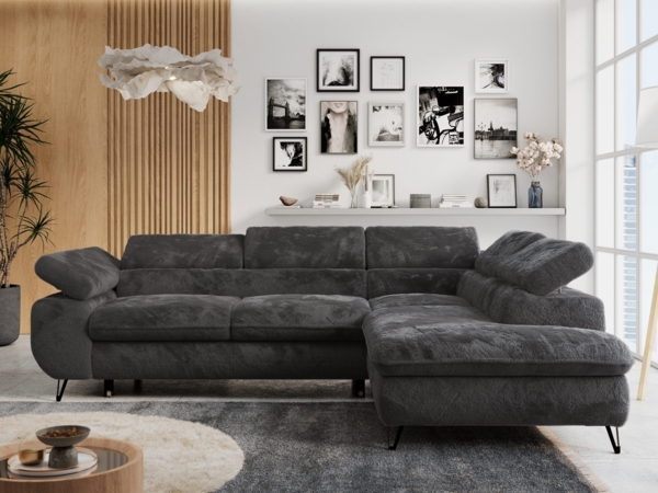 Ecksofa mit Bettfunktion, Modern Sofa, L-form, Einstellbare Kopfstützen, Bettkasten - PETER - Dunkelgrau Plüsch - Topper T25 - rechts