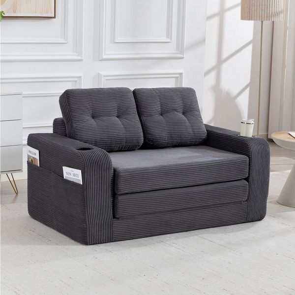 BlingBin Schlafsofa Klappbares Schlafsofa mit Kissen, Klappsofa, Bodensofa, Relaxsessel, 2-Sitzer Sofa aus Cordstoff mit Getränkehaltern und Seitentaschen 1 Teile, Rahmenloses Zweisitzer-Sofa mit gesteppten Kissen und Rückenlehne