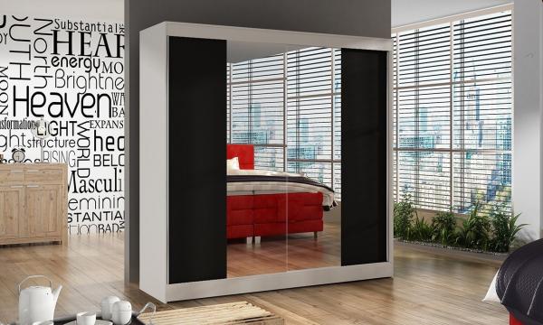 Schwebetürenschrank Basti II 200 cm mit Spiegel - Kleiderschrank, Schiebetürenschrank mit Kleiderstange und Einlegeboden, Schlafzimmerschrank, Schiebetüren, 200x215x58 cm (Weiß/Schwarz)