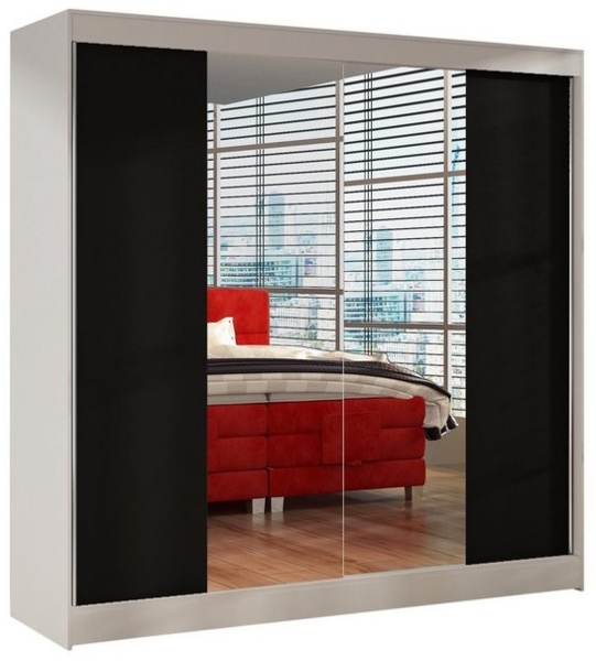 Schwebetürenschrank Basti II 200 cm mit Spiegel - Kleiderschrank, Schiebetürenschrank mit Kleiderstange und Einlegeboden, Schlafzimmerschrank, Schiebetüren, 200x215x58 cm (Weiß/Schwarz) Bild 4