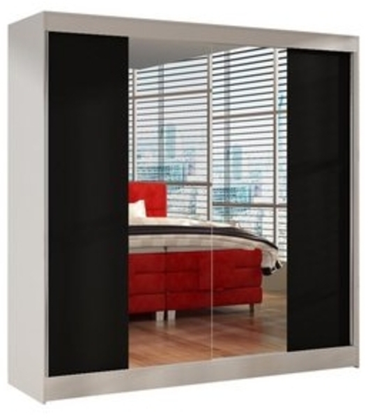 Schwebetürenschrank Basti II 200 cm mit Spiegel - Kleiderschrank, Schiebetürenschrank mit Kleiderstange und Einlegeboden, Schlafzimmerschrank, Schiebetüren, 200x215x58 cm (Weiß/Schwarz) Bild 6