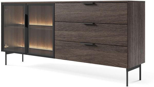 Selsey Kommode in Schwarz 181x39,3 cm, modernes Design mit Eichenholz Finish Sonnenschutzglas und LED Beleuchtung ideal für das Wohnzimmer integrierte 3 Schubladen