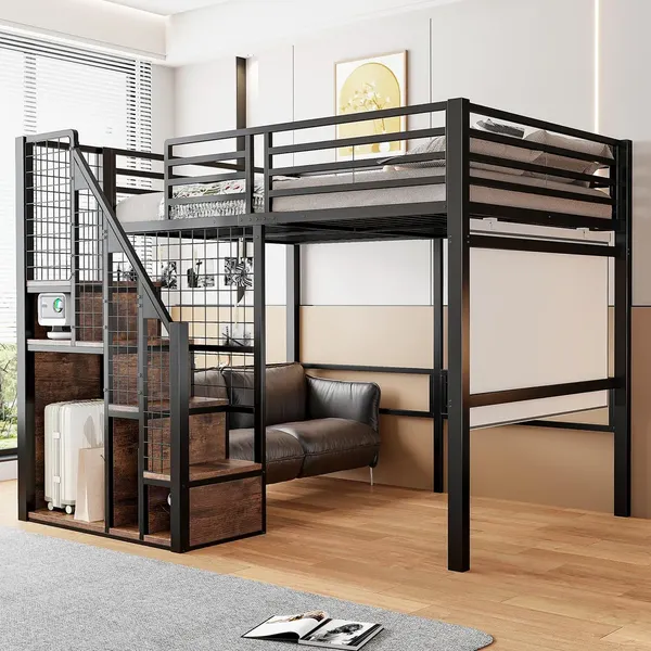 Hochbett mit Rausfallschutz, Treppe, Lattenrost und Regal, 140x200 cm, Metallbett, Jugendbet