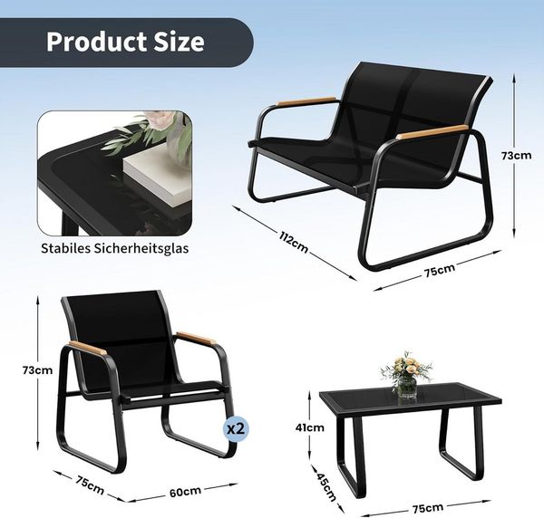 GarveeMore Gartenlounge-Set 4-TLG,Textilene Balkonmöbel Set mit Tisch, Sofa und 2 Stühlen, Stahl, Sitzgruppefür Garten, Balkon, Außen