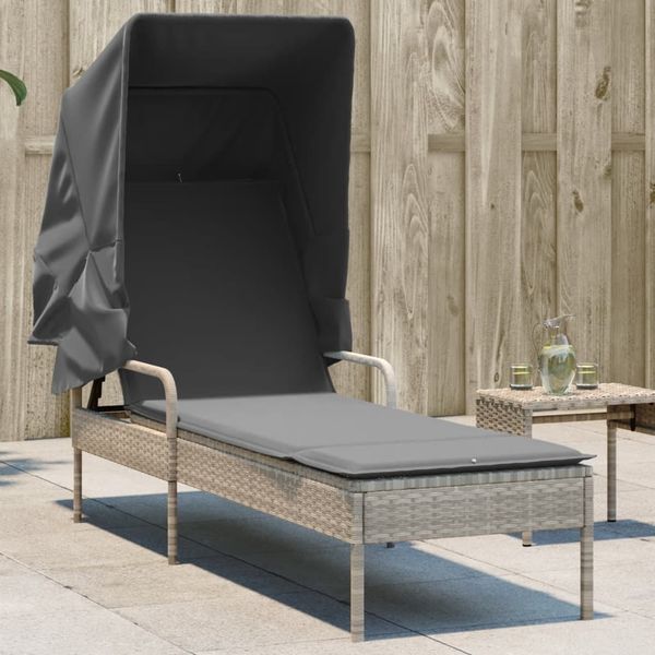 Sonnenliege, Gartenliege mit Dach Hellgrau Poly Rattan