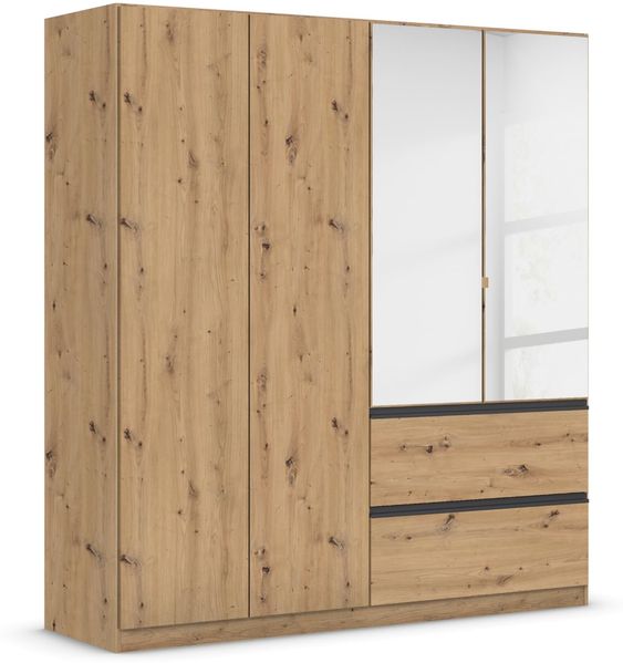Rauch Möbel Costa, Kleiderschrank für Schlafzimmer, Kinderzimmer, Babyzimmer, Garderobe, 4-türig, Spiegel, 2 Schubladen, Push-to-Open, Zubehör Classic, Farbe Eiche Artisan, Holz, Breite 181 cm