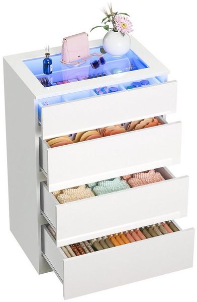 Rutaqian Kommode Schubladenkommode mit LED Beleuchtung, Weiße Kommode mit 4 Schubladen, Moderne Schlafzimmerkommode aus MDF mit Glasplatte und Stauraum