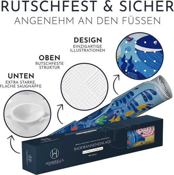 Homerella Badematte rutschfest Kinder - 100% BPA frei Inkl. 2 Haken zum Aufhängen 100x40cm, Antirutschmatte Badewanne Baby hautsensitiv & schimmelresistent, Badewannenmatte rutschfest & waschbar Bild 4