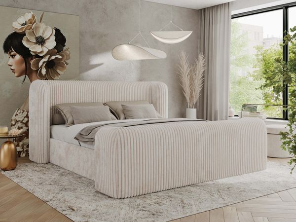Polsterbett mit Lattenrost, Doppelbett für Schlafzimmer, Gepolstertes Kopfteil - EMORA CLASSIC DUO - 160 x 200 cm - Beige Cord