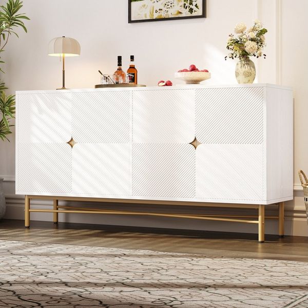 Flieks Sideboard mit 4 Türen und verstellbaren Einlegeböden (1 St, 160×40×82 cm), Mehrzweckschrank Wohnzimmerschrank Holzschrank Weiß, Metallgestell