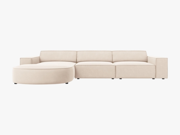Micadoni 4-Sitzer Sofa Jodie runde Recamiere Links Samt Bluvel Helles Beige