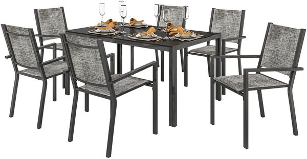 7-teiliges Gartenmöbelset aus Stahl mit rechteckigem Tisch und 6 atmungsaktiven, stapelbaren Stühlen, Grau und Schwarz