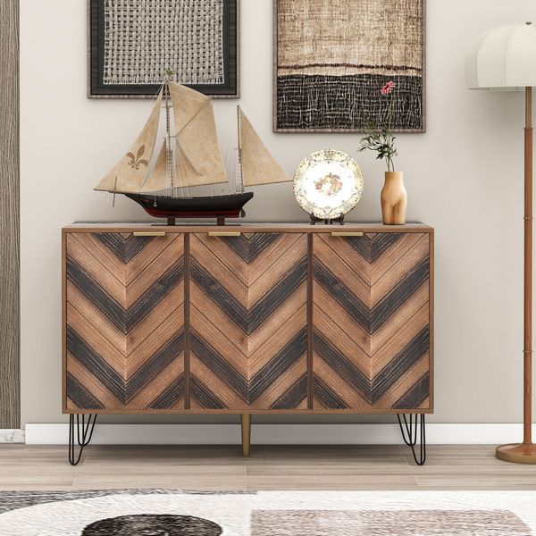 Sideboard 120 x 38 x 76,5 cm mit 3 Türen, Holzoptik in Natur/Schwarz, goldene Griffe