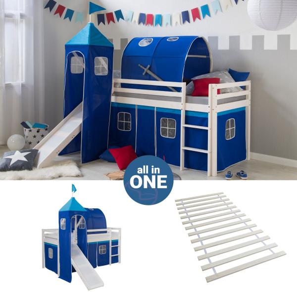Hochbett mit Lattenrost 90x200 Turm Tunnel Rutsche Stockbett Kinderbett Holz Kiefer Vorhang blau
