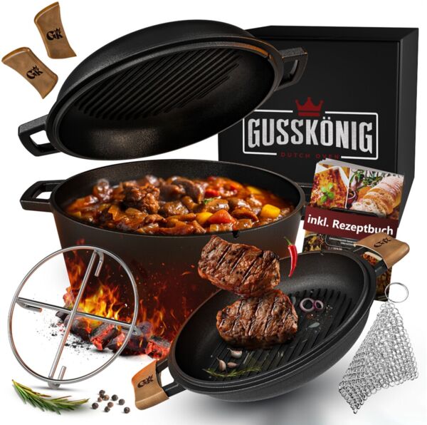 Dutch Oven Set 2in1 5 l aus Gusseisen – mit Ledergriffen, Ringreiniger & Untersetzer, für Grill, Lagerfeuer, Herd & Backofen