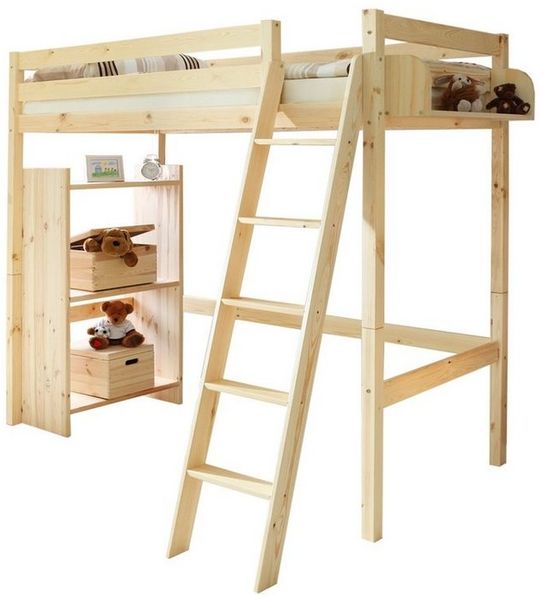 Ticaa Hochbett Hochbett Hochschläfer "Matthias" Kiefer Natur Massives Qualitätsholz, Schrägleiter beidseitig montierbar
