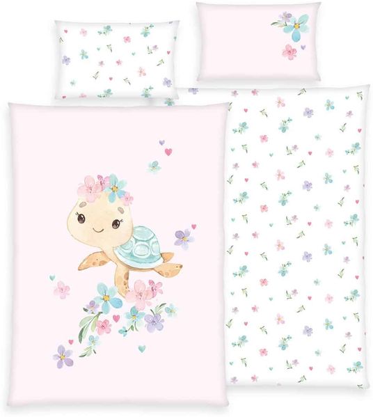 Herding Baby Kinder Renforce Bettwäsche Little Turtle rosa Blumen 100x135 cm