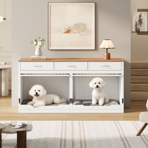 Merax Holz-Metall-Möbel-Hundekäfig, Hundekäfig, für 2 Hunde, Innen-Hundehütte, Klappdeckel, abnehmbare Trennwand, 3 Schubladen, Weiß + Holzoptik, XXL, 164×60×81cm