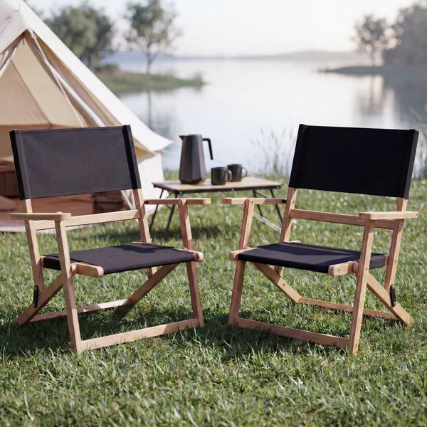 2er-Set Bambus Campingstuhl HWC-Q42, Gartenstuhl Balkonstuhl Freizeitstuhl klappbar Outdoor Stoff/Textil ~ schwarz