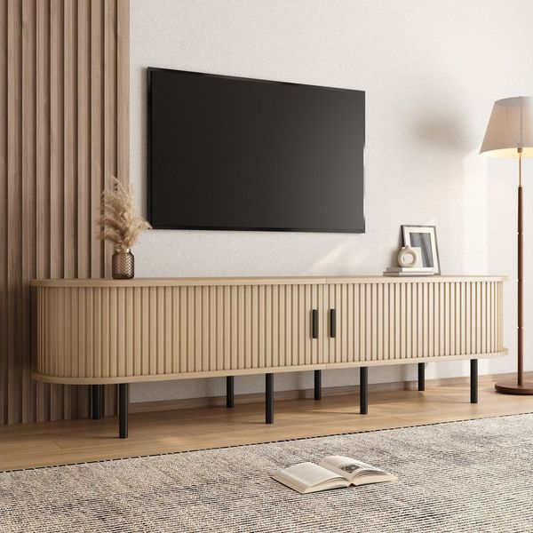 Merax Lowboard in Holzoptik, TV-Board im Rillenoptik (1 St, 170 x 40 x 46 cm (L x B x H), TV-Schrank mit 2 Schiebetüren, 2 offenen Fächern,Stauraum,Metallbeine