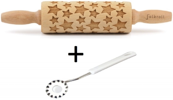 Folkroll Motiv Teigrolle Teigroller Sterne 23cm mit Teigrädchen 330524