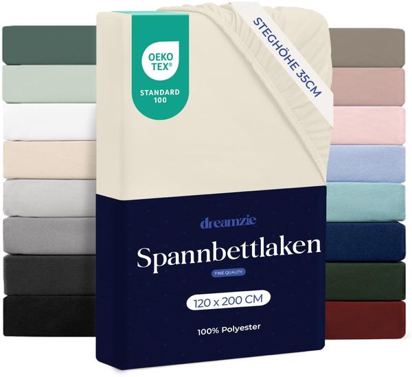 Dreamzie Spannbettlaken 120x200 cm - Hoher Steg bis 35 cm - 100% Mikrofaser - Beige - Schadstoffgeprüft (Oeko TEX), Bettlaken mit Gummizug