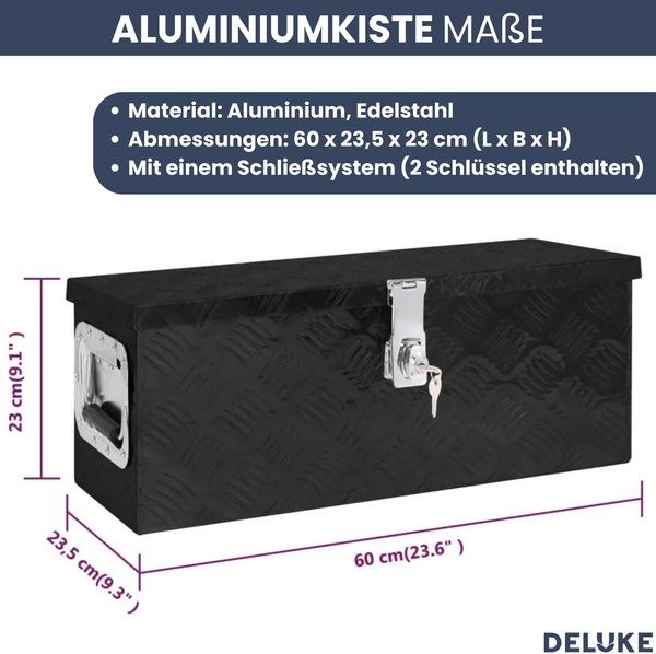 Aluminiumbox mit Deckel - Abschließbar | Alubox Deichselbox Alu Anhängerbox Werkzeugkiste Metall Transportbox Metallkiste, 60x23,5x23cm Schwarz Bild 3