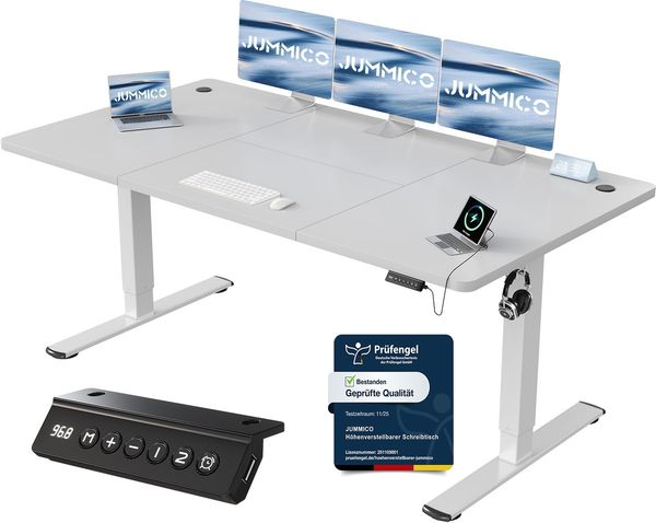 JUMMICO Schreibtisch elektrisch höhenverstellbar mit USB-Ladeanschluss, Grau, 180x80 cm