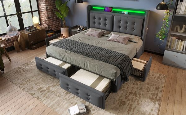 Polsterbett 160x200 cm, Baumwoll-Leinen gepolstert mit LED & Ladefunktion (USB‑C/USB) und 4 Schubladen, Lattenrost inklusive, Grau