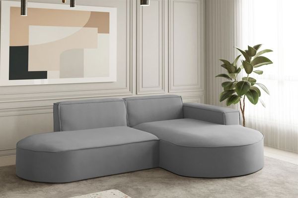 Ecksofa Designersofa PALMA XS in Stoff Opera Velvet Grau Ottomane Rechts