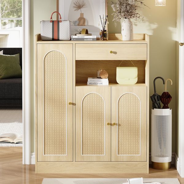 Rattan Schuhschrank / Aufbewahrungsschrank mit Stauraum, 1 Schublade, 3 Türen mit verstellbaren Regalen, für Eingangsbereich, Esszimmer und Flur, Naturfarbe, Maße: 90 x 35 x 110 cm