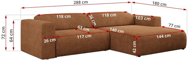 Ecksofa PASADENA, freistehendes Ecksofa, breite Armlehnen, Federsitz - links - Orange Stoff Bild 8
