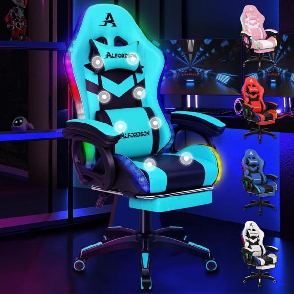 Gaming-Stuhl Bürostuhl Drehstuhl Massage RGB LED ergonomisch Cyan Schwarz
