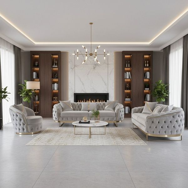 Palms-Store Sofa -Set MIRA mit Knopfheftung in 5 edlen Farbvarianten, 3-Sitzer + 3-Sitzer + Sessel