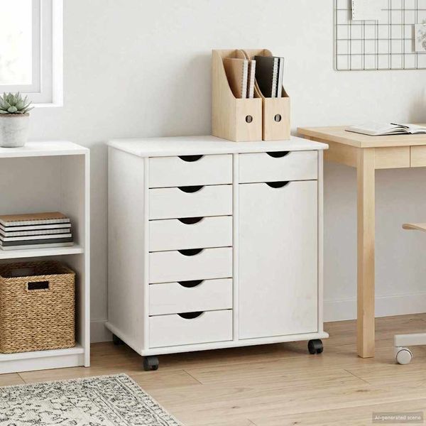 vidaXL Rollschrank Mit Rad Weiß 63,5 x 39 x 65,5 cm Massivholz Kiefer 42028377