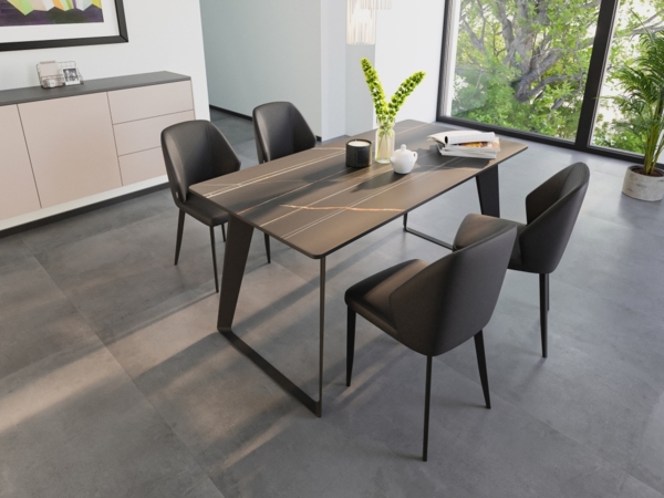 Esstisch Set FLORINT 160 schwarze Keramikplatte mit 4 Stühlen Kunstleder : Schwarz