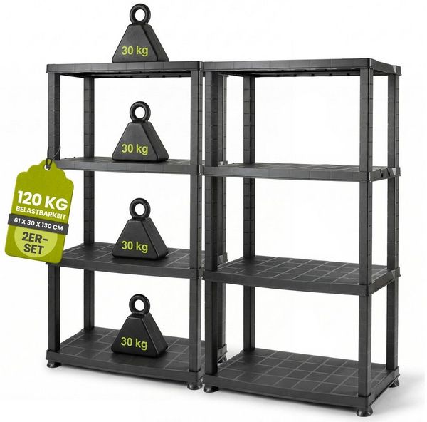 Kreher Standregal Kunststoffregal 'Neo' 12" mit 4 Böden in Schwarz (Set wählbar), 2-tlg.