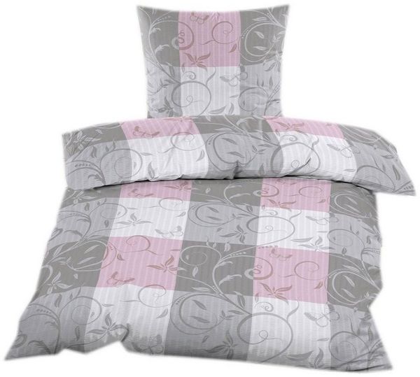 Casa Colori Bettwäsche Seersucker Garnitur 135x200 Reißverschluss in Grau Rosa kariert, Seersucker, 2 teilig, luftig leichte Sommerbettwäsche