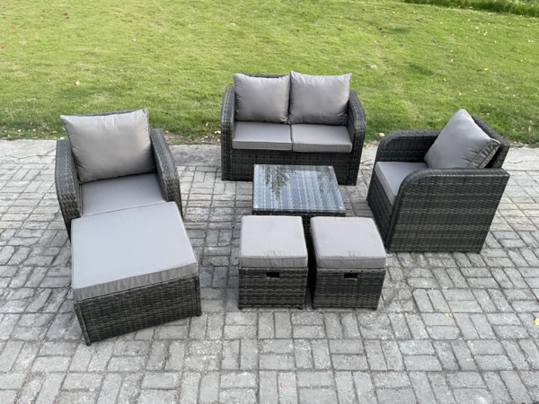 Fimous Rattan Gartenmöbel Set Patio Conservatory Indoor Outdoor 7-teiliges Set mit Love Sofa Square Couchtisch 3 Fußhocker Bild 1