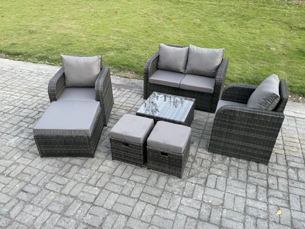 Fimous Rattan Gartenmöbel Set Patio Conservatory Indoor Outdoor 7-teiliges Set mit Love Sofa Square Couchtisch 3 Fußhocker Bild 2