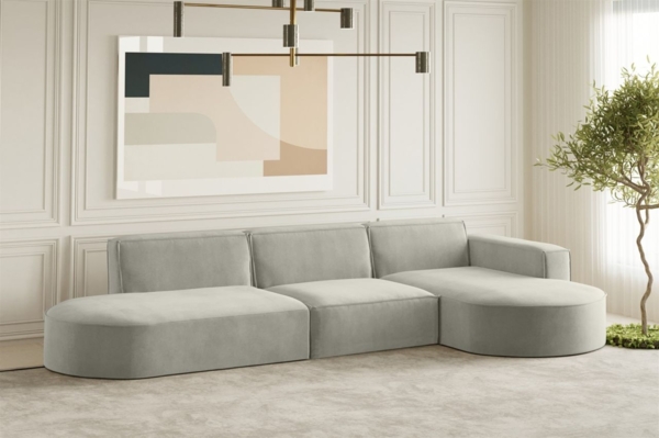 Ecksofa Designersofa PALMA in Stoff Noel Hellgrau Ottomane Rechts