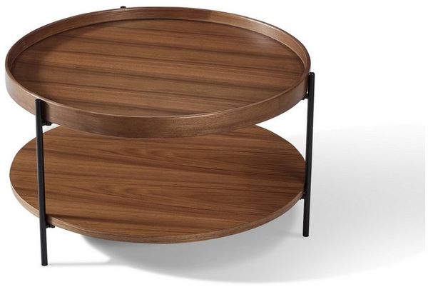 Modern 2-Tier Round Coffee Table, Nordic Style MDF with Real Wood Veneer Tray Center Table, Sturdy Metal Frame Coffee Table for Living Room (Walnut)