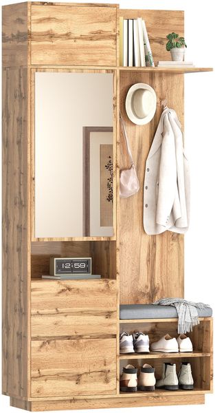 Kompaktgarderobe mit Spiegel und Sitzbank,Flurgarderobe mit Schuhschrank und Haken, Kleiderhaken,Kompaktgarderobe,Flurmöbel Set,Flurgarderobe